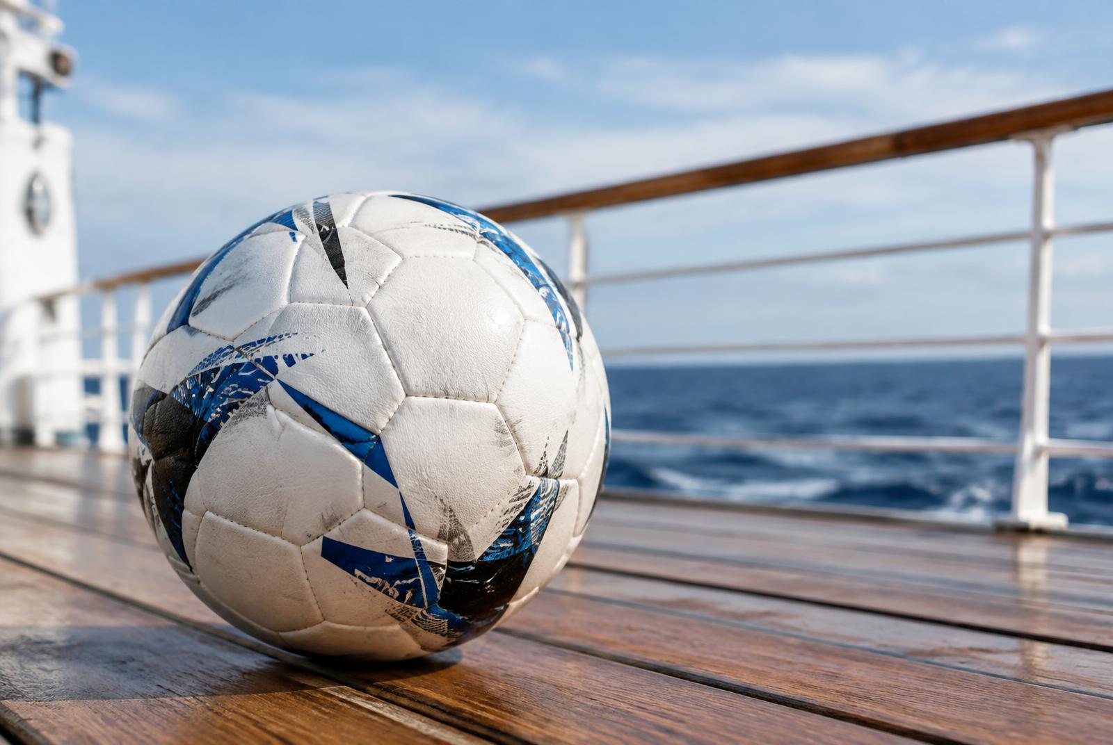 Fotball på dekk med havet i bakgrunnen